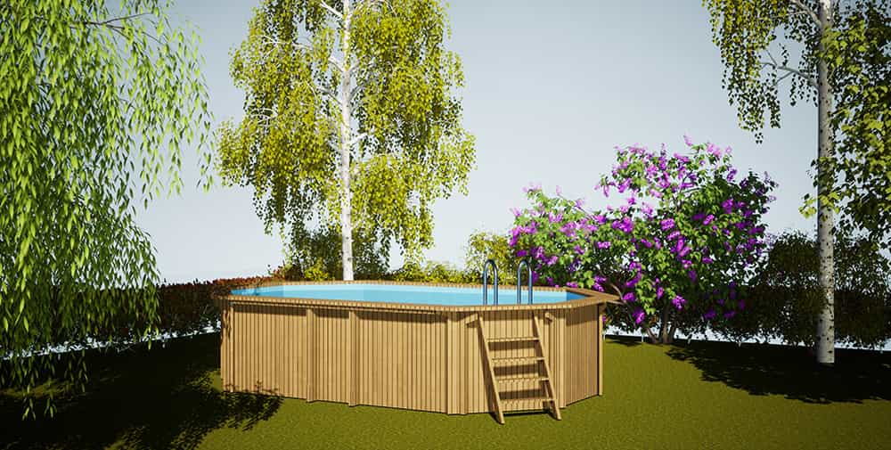 Above-ground pool with landscaping.