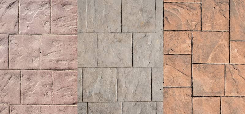 Stamped concrete mimicking stone, brick, or wood textures.