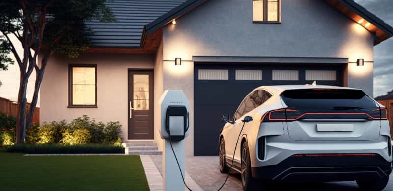 Electric vehicle with charging station in a modern home.