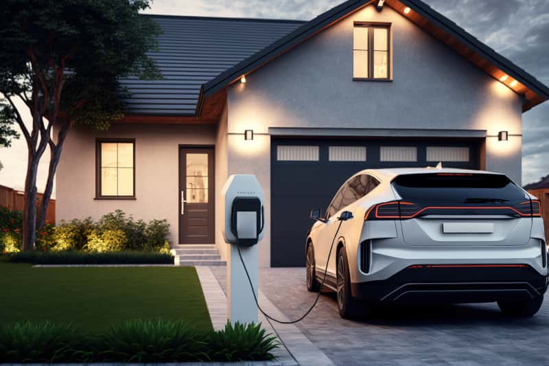 Electric vehicle with charging station in a modern home.