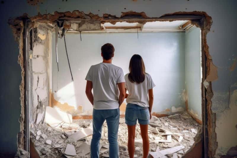 Couple viewing a demolished room for house flipping