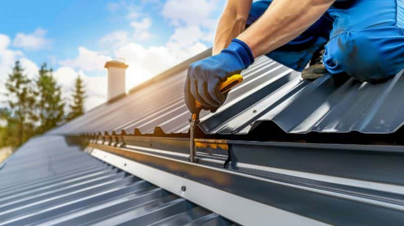 Roofer installing metal roof tiles in a home