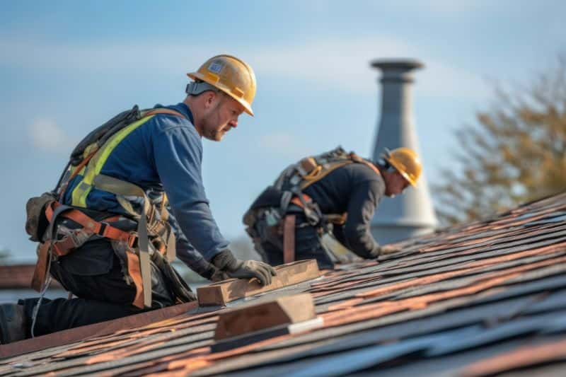 Worker fixing damaged roof tiles