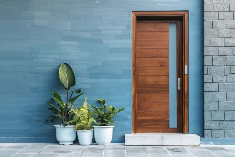 Blue walls with gray bricks in a modern home