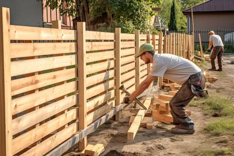 Builders installing a fence on a property