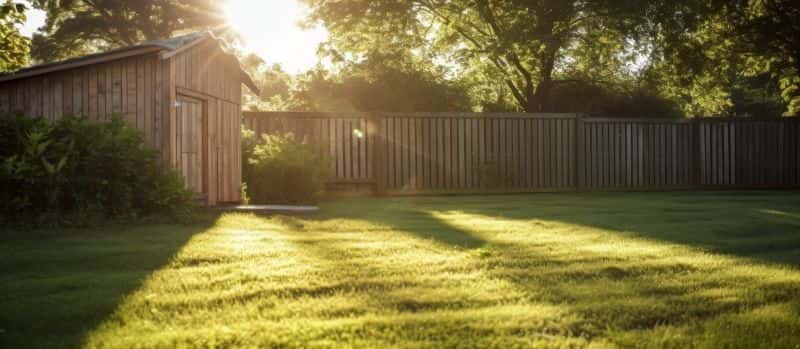 A wooden shed in the backyard with landscaping