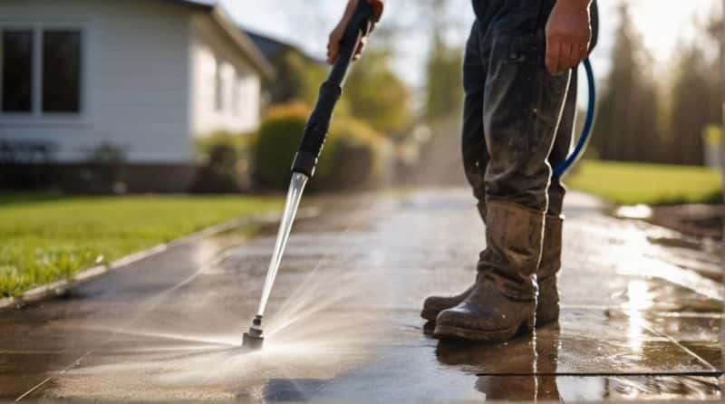 Cleaning a paved driveway with a pressure washer