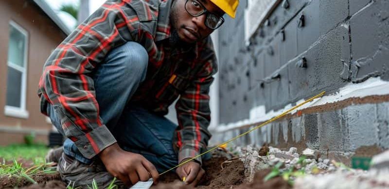 Concrete foundation being measured by a construction worker