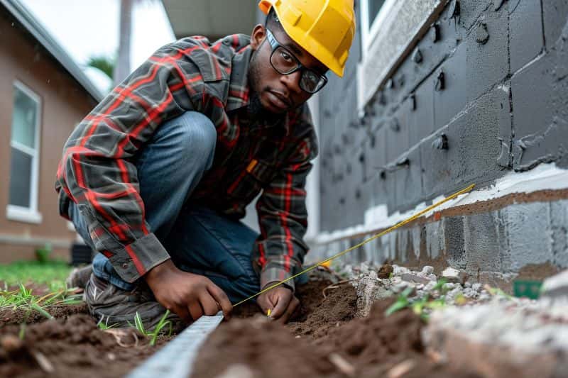 Concrete foundation being measured by a construction worker