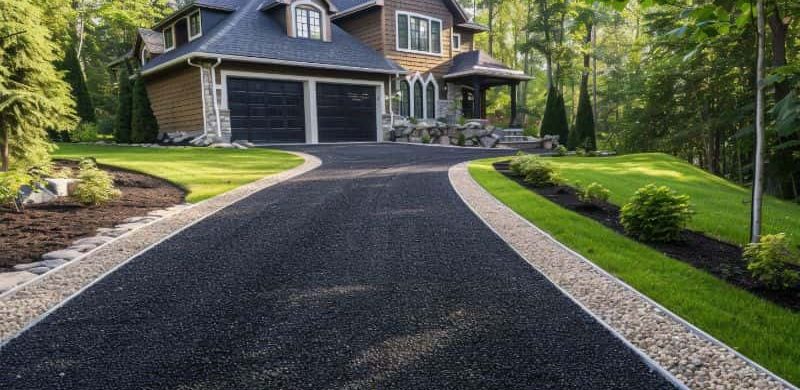 Driveway paved with gravel and tar