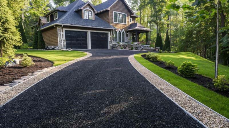 Driveway paved with gravel and tar