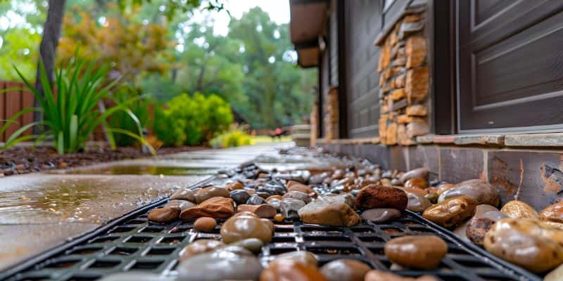 French drain near house walls with stone landscaping