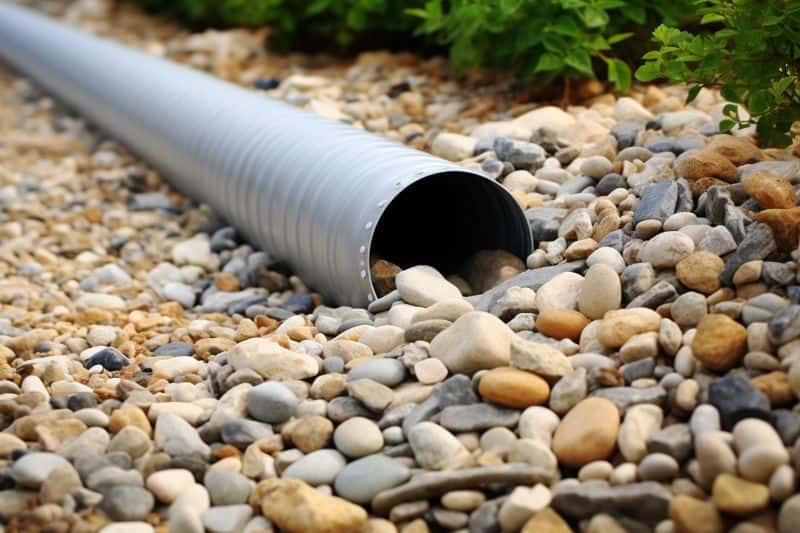 Pipe with gravel and stones for a French drain