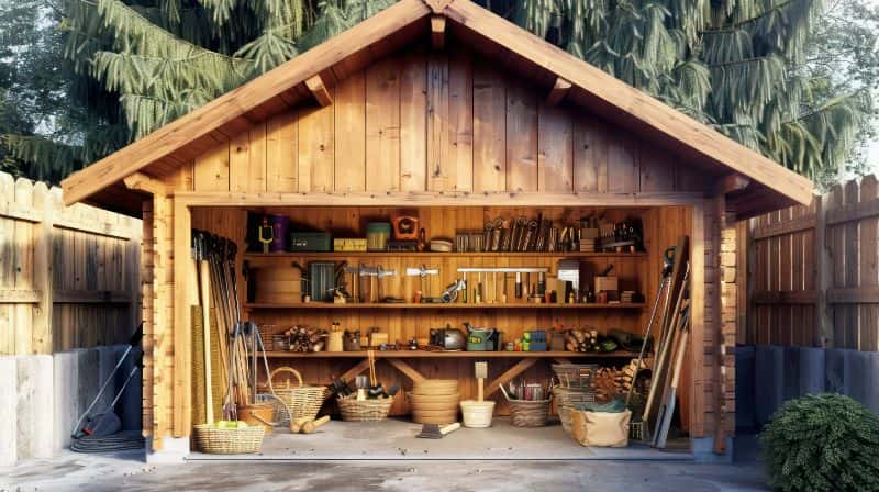 Wood shed for garden tools with a gabled roof