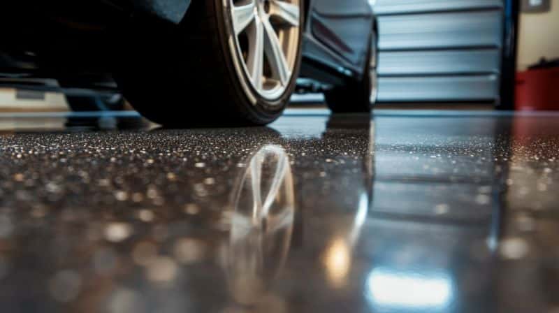 High-gloss garage epoxy flooring with reflection