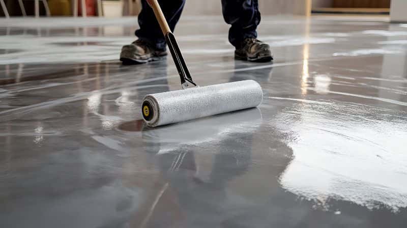 Installing epoxy flooring on concrete floor using a roller