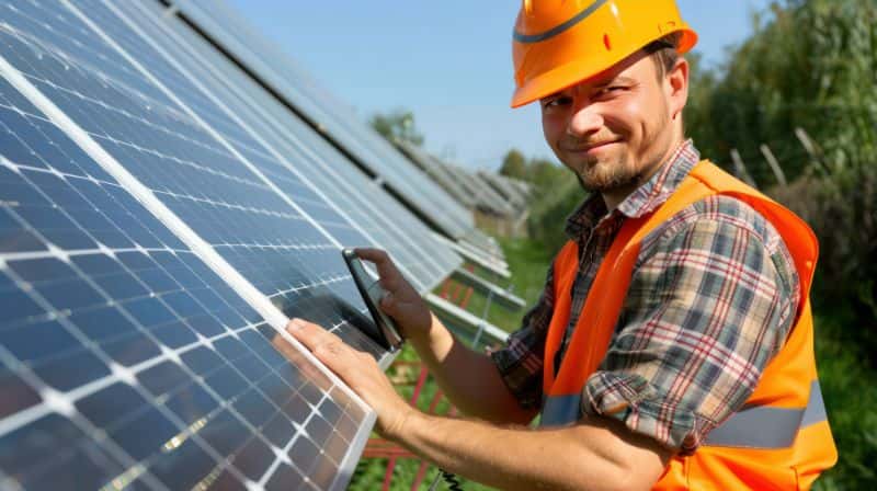 Solar panel contractor adjusting photovoltaic system in the home