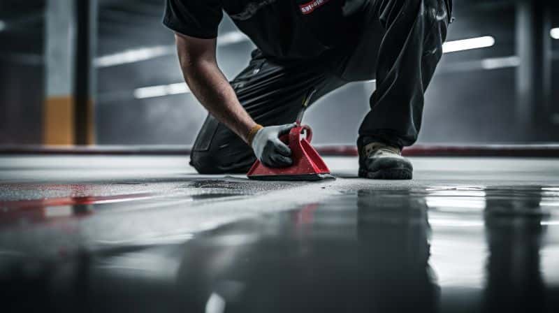 Worker applying resin to new flooring