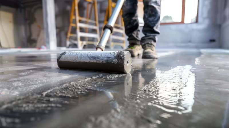 Worker using a roller to apply epoxy of concrete flooring