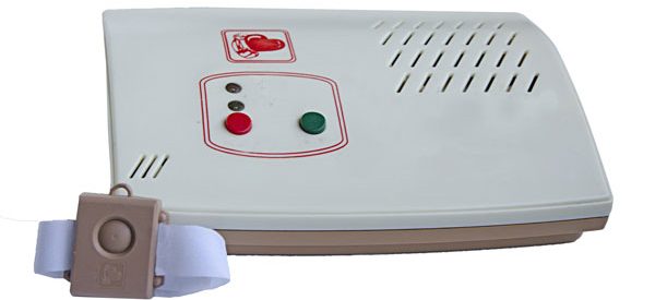 Medical alert system with console and wearable panic button.